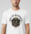 Man wearing a white t-shirt with a bear graphic and text 'Into the Wilderness with Papa Bear' on a gray background