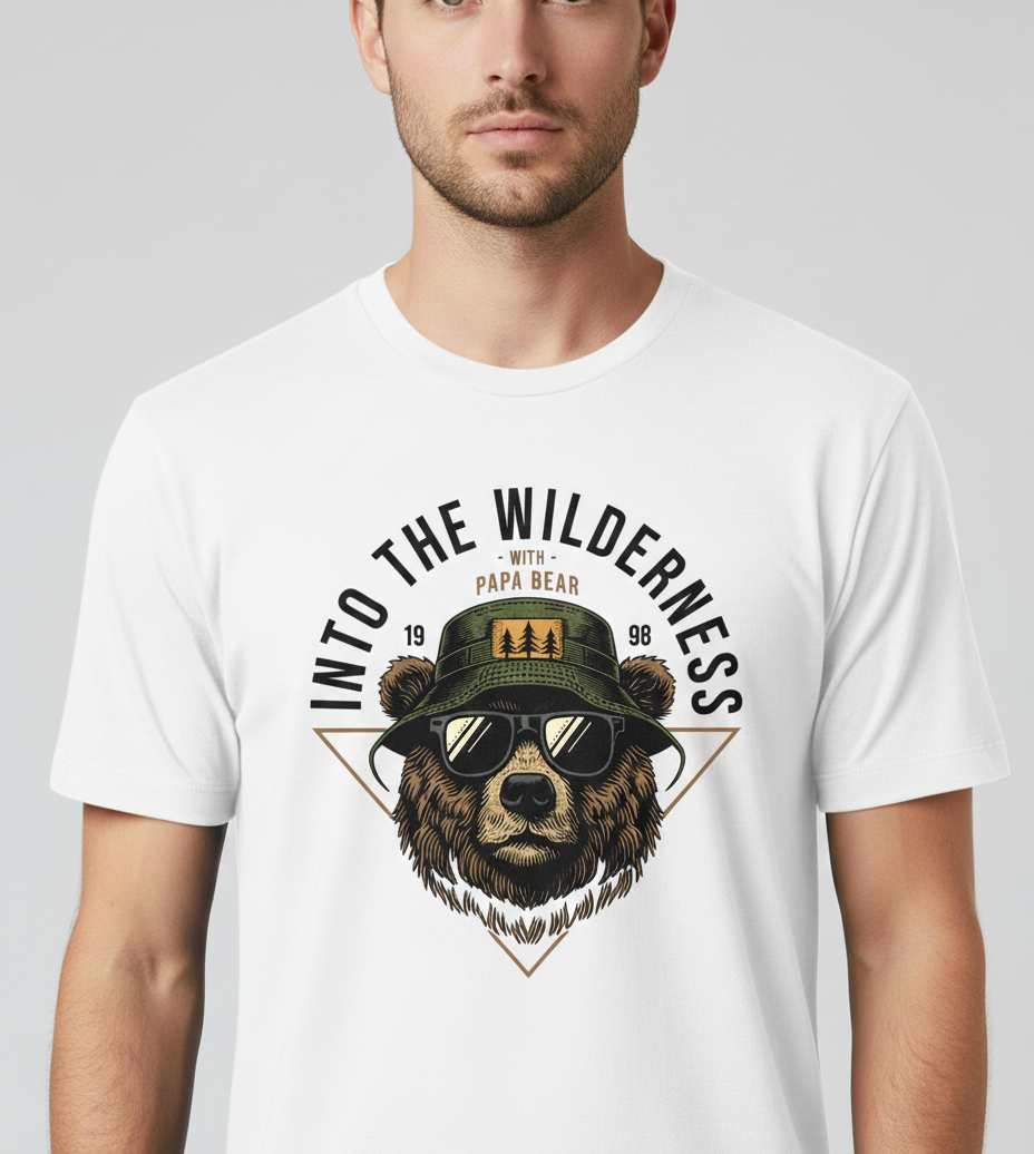 Man wearing a white t-shirt with a bear graphic and text 'Into the Wilderness with Papa Bear' on a gray background